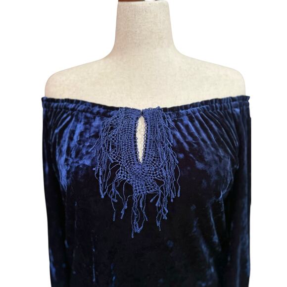 Y2K Velvet Velour Fringe Off Shoulder Peasant Top L/XL Whimsigoth Dark Fairy - Picture 10 of 11